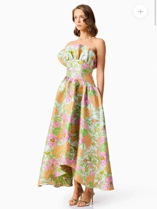 elliatt laurel green floral jacquard strapless ruffle maxi gown dress medium NEW - Picture 7 of 17